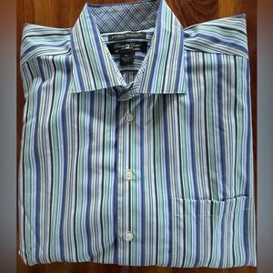 Pronto Uomo Men's 100% Cotton Blue & Green Striped Long Sleeve Dress Shirt XL